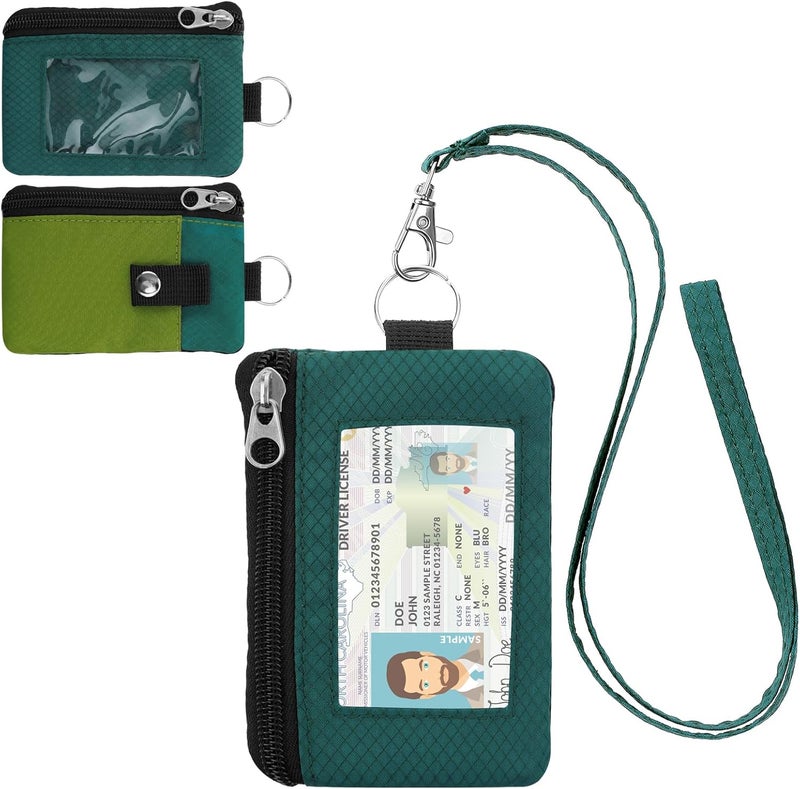 ZHOMA Minimalist RFID Wallet with Lanyard, Multi-functional ID Case with 2 Zipper Pockets and Key Chain for Men and Women, Tactical Badge Pouch Cards Holder, Coin Purse for Travel Sports - Grass&Green - Image 1
